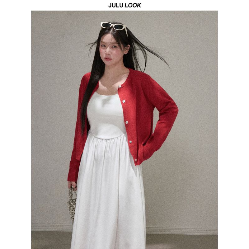 Julu Studio "Lianlian Berry" Gentle French-Style White Camisole Dress/Cardigan Plus-Size Set for Slightly Plump Women