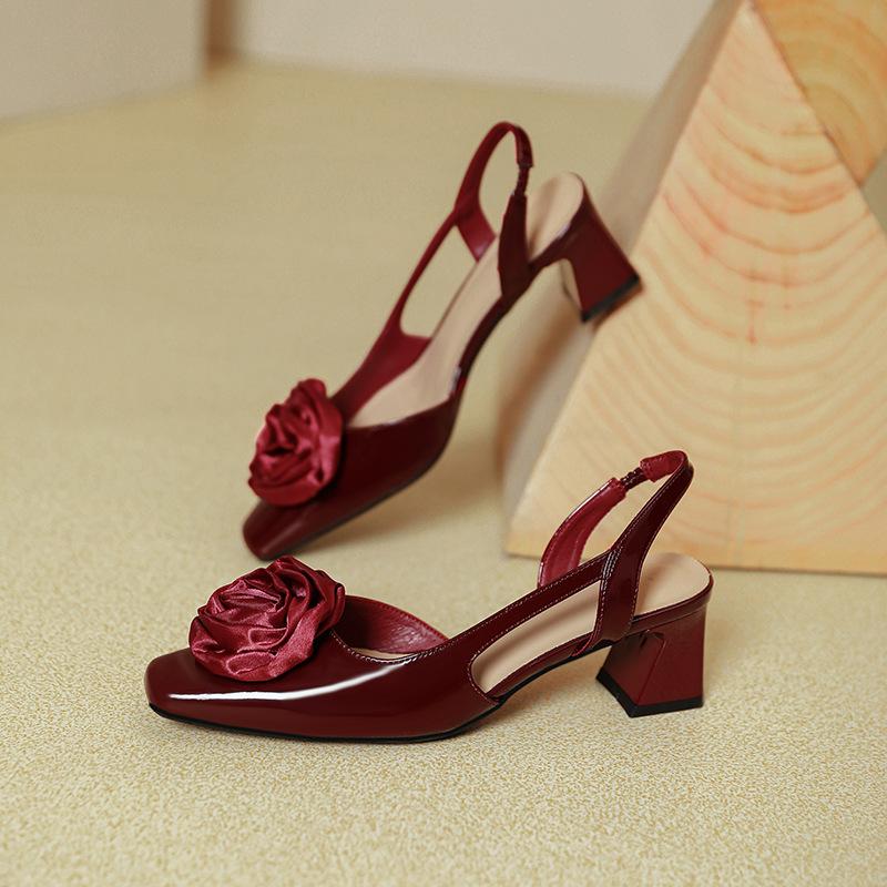 High-heeled bag head sandals women's summer 2025 new square head empty single shoes flower red high heels women's thick heel