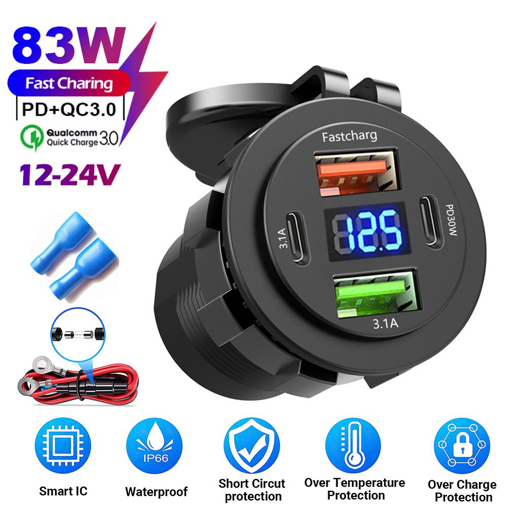 83W Max Phone Charger Socket 45W PD+QC3.0 Fast Charging 22.5W Dual USB+Type C Outlet 3 Ports Power Adapter Waterproof 12V-24V