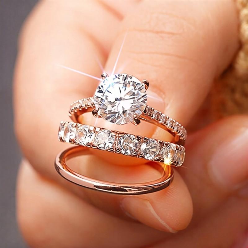 3-Piece Women's Luxury Shiny Round Zirconia Ring Set Gold Wedding Fashion Jewelry