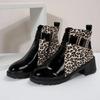 Fashion Women Round Toe Belt Buckle Ankle Boots  Spring Autumn New Leopard Print Leather Boots Female Fashion High Heels Short Boots