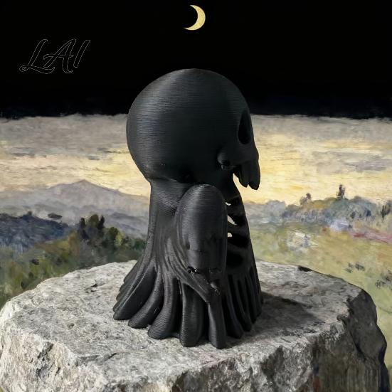 Retro Style Bone Texture Crafts 3D Printed Cthulhu Skull Statue Gothic Hollow Skeleton Decor Matte Black Desktop Storage for Paper Clips Horror