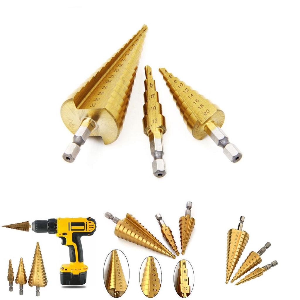 Versatile 3 Pcs 4-12/20/32mm Large Hss Steel Step Cone Drill Titanium Bit Hole Cutter Set For Various Materials