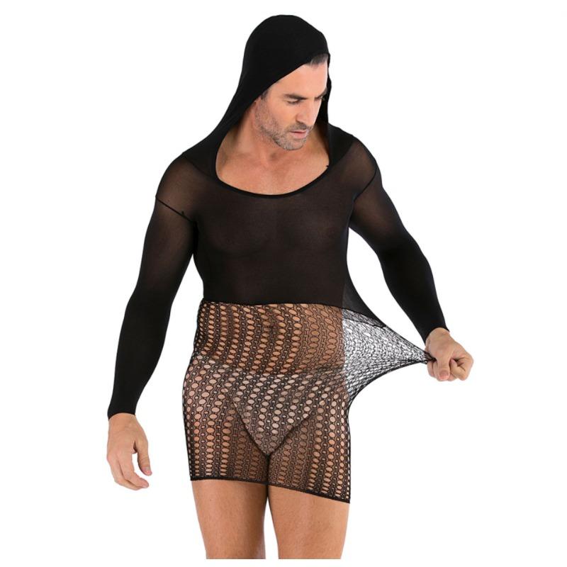 Plus Size Men's Mesh Bodysuit Sexy Lingerie Set BDSM Role Play Adjustable Fetish Night Club Costume with Fishnet Socks for Men