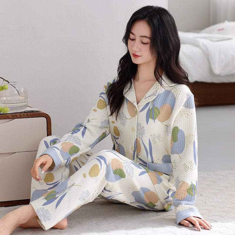Air Cotton Pajamas Women's Spring and Autumn Thickened Pure Cotton Long-sleeved Women's Autumn and Winter Interlayer Thin Padded Loungewear