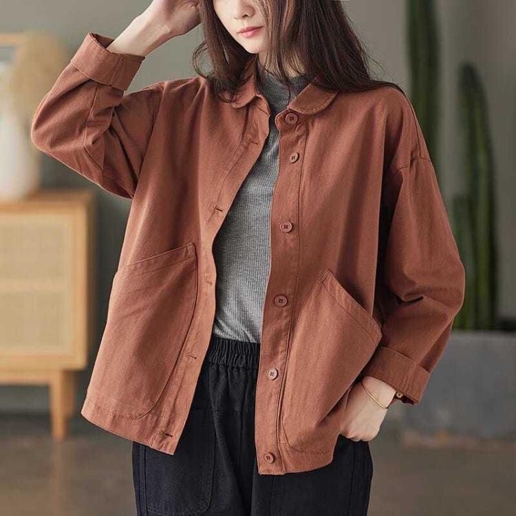 Women's Retro Art Loose Cotton Shirt Coat Simple Design Solid Pocket Single Breasted Twill Versatile Spring Autumn