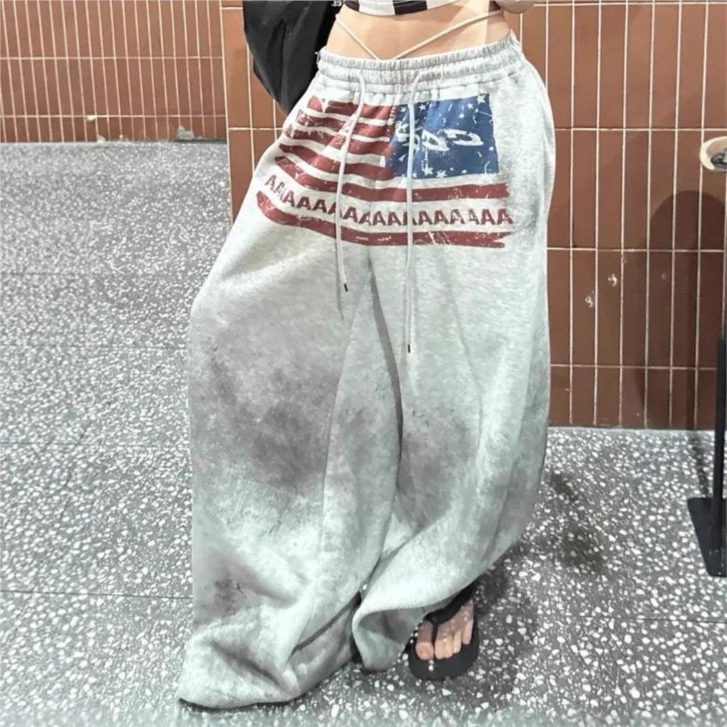 VIONA Y2K College American Hip-hop Goth Print Drawstring Wide Leg Sweatpants Loose 90s High Street Sports Trousers Floor Length Pants