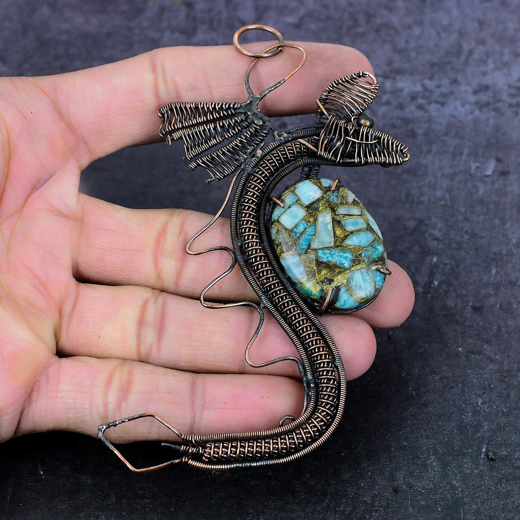 Natural Copper Larimar Handmade Copper Wirewrap Dragon Gift Pendant 4.53" D8G39