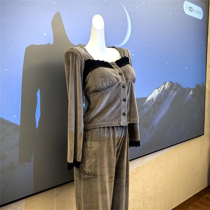 Sea Island Baumwolle Damen Pyjama Set - Herbst/Winter Französischer Stil mit Brustpolster, Dünner Fleece Hausbekleidung