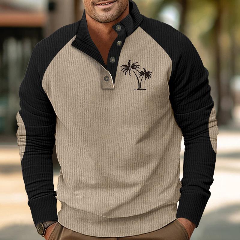 Men's Drop-Shoulder Sleeve Casual Printed Stand-Up Collar Loose-Fit Corduroy Patchwork Sports Sweatshirt