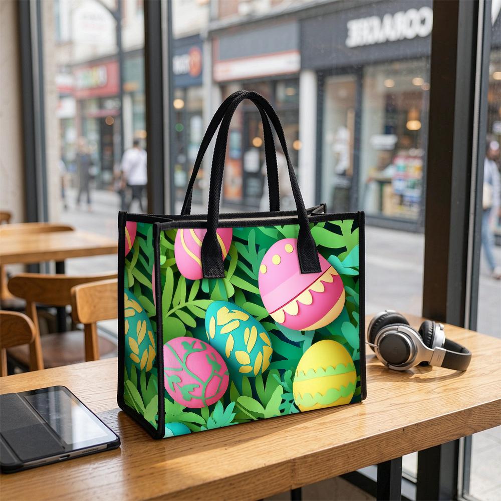 Easter Egg Pattern Tote Bag Cute Green Leaf Print Daily Use Portable Fashion Casual Shopping Handbag