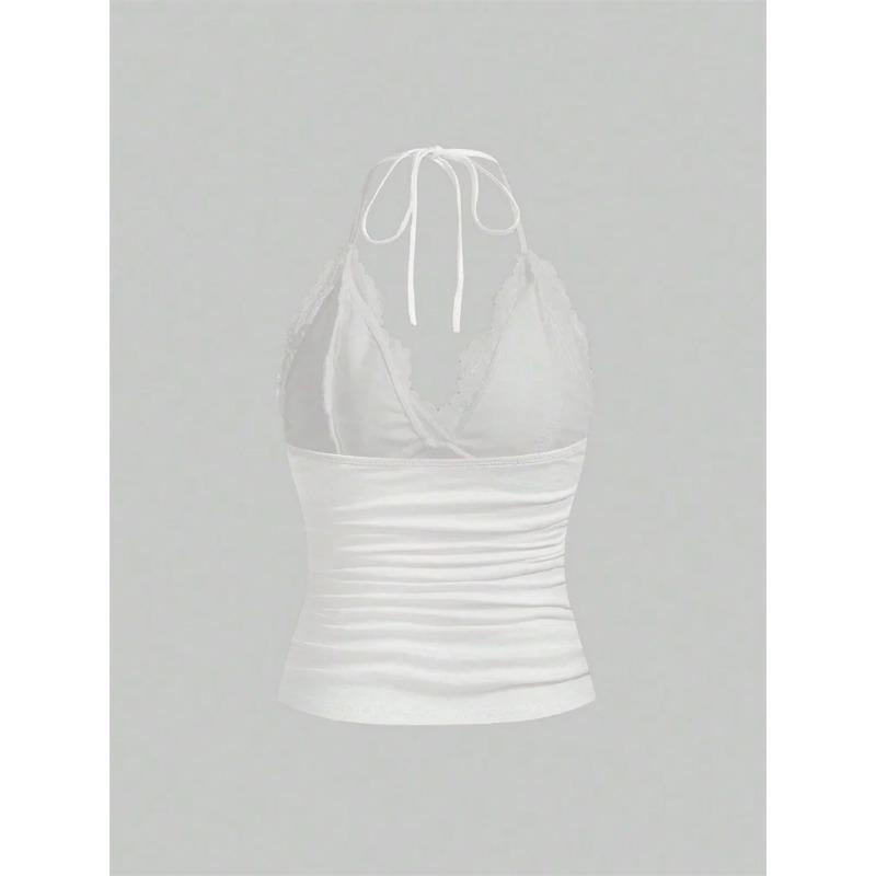 Spitze V-Ausschnitt Neckholder Top Damen Sommer Sexy Grunge Punk Goth Backless Ruched Crop Top Cami Top Streetwear Y2K Kleidung 2025