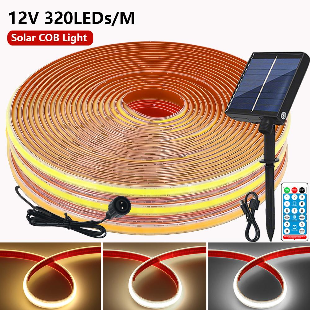 12V COB Solar Light Strip 320 LEDs IP68 Waterproof Flexible Linear Tape Light Warm Natural White With Remote Control And Adhesive Backing