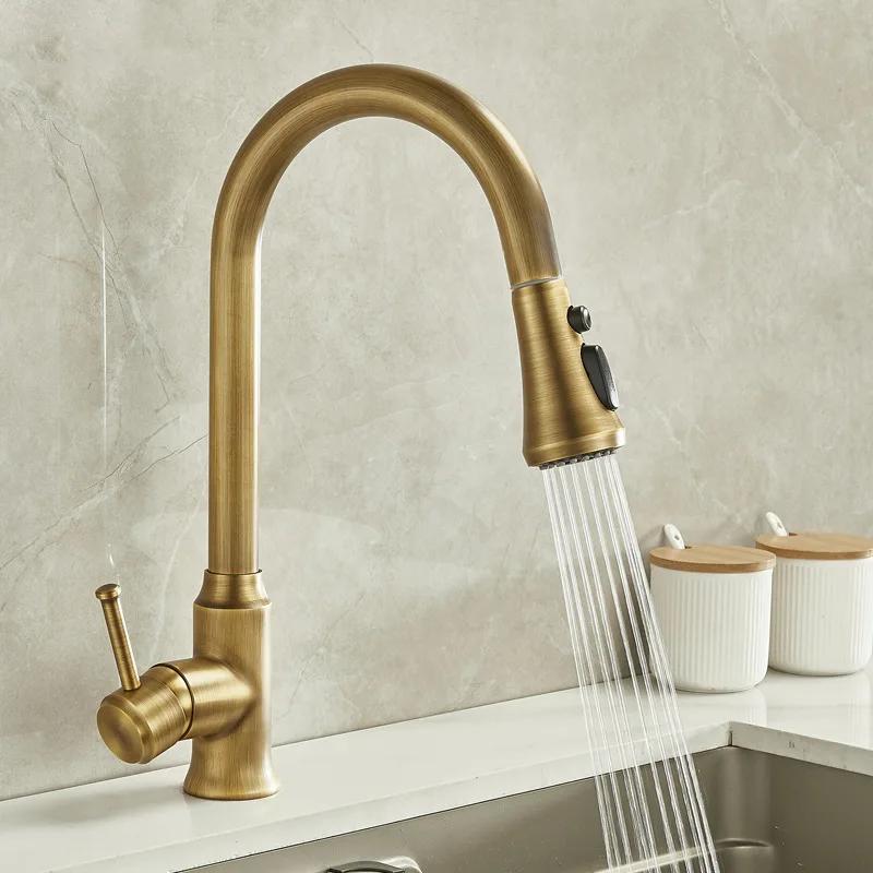 Antique Brass Kitchen Faucet Pull Out Spout Kitchen Faucets Black Single Hole Swivel Hot Cold Water Kitchen Mixer Tap Black