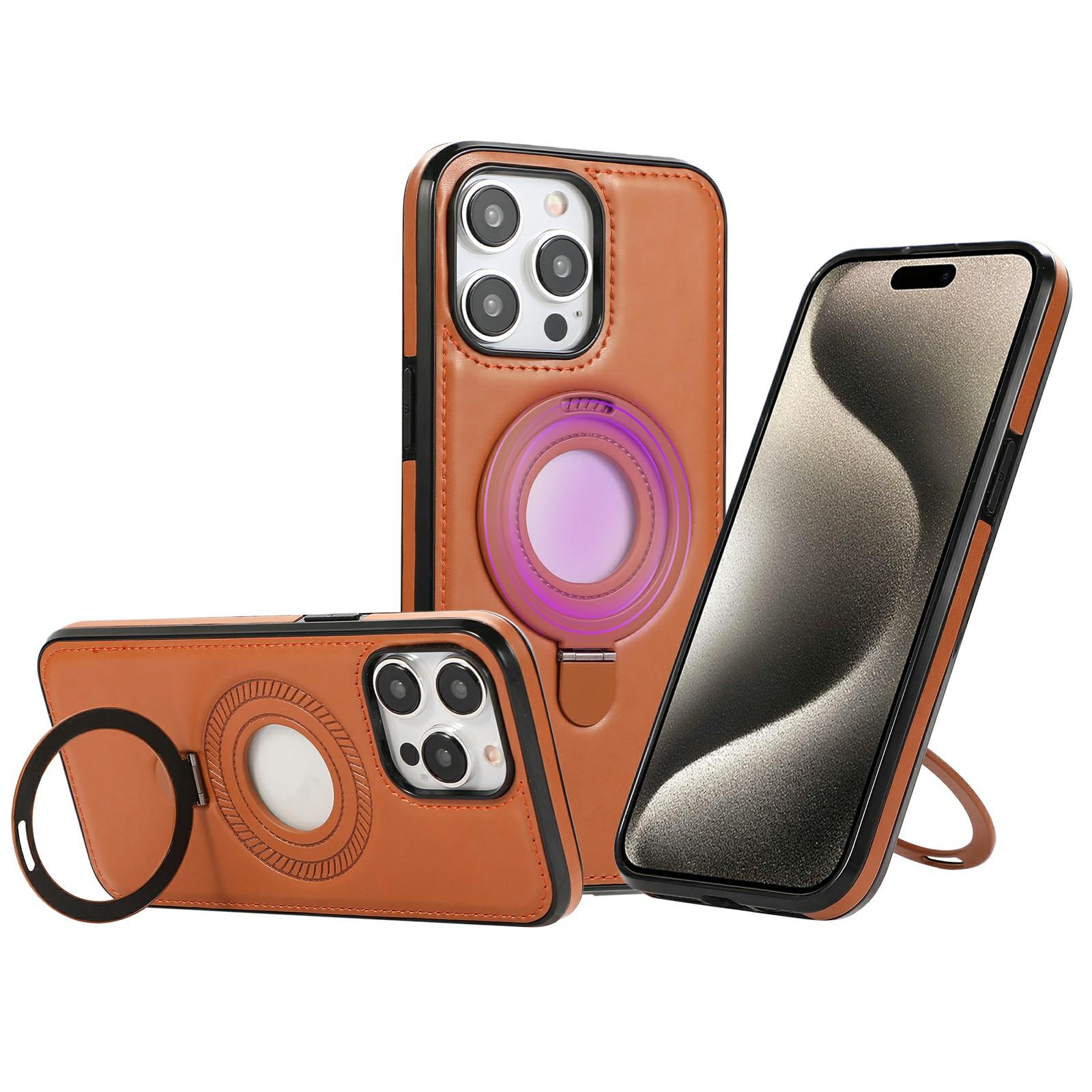

For iPhone 15 Pro Case Magnetic Kickstand PU Leather Coated PC+TPU Phone Cover Brown