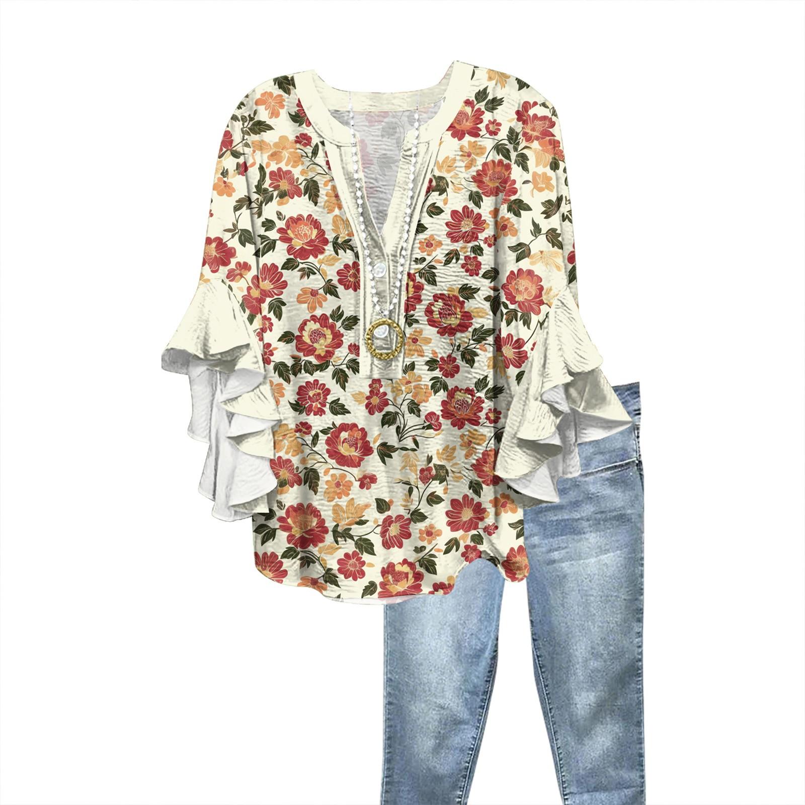 

Summer Tops For Women Cute V Neck 3/4 Sleeve Blouses Print Top Casual Shirts M шафрановий