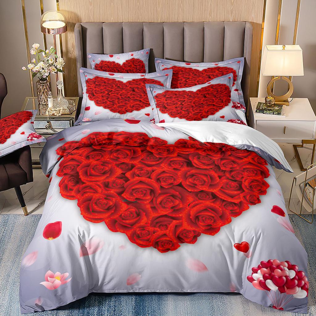 Three-Piece Rose Floral Style 3D Printed Quilt Cover Home Textile Bedding Kit