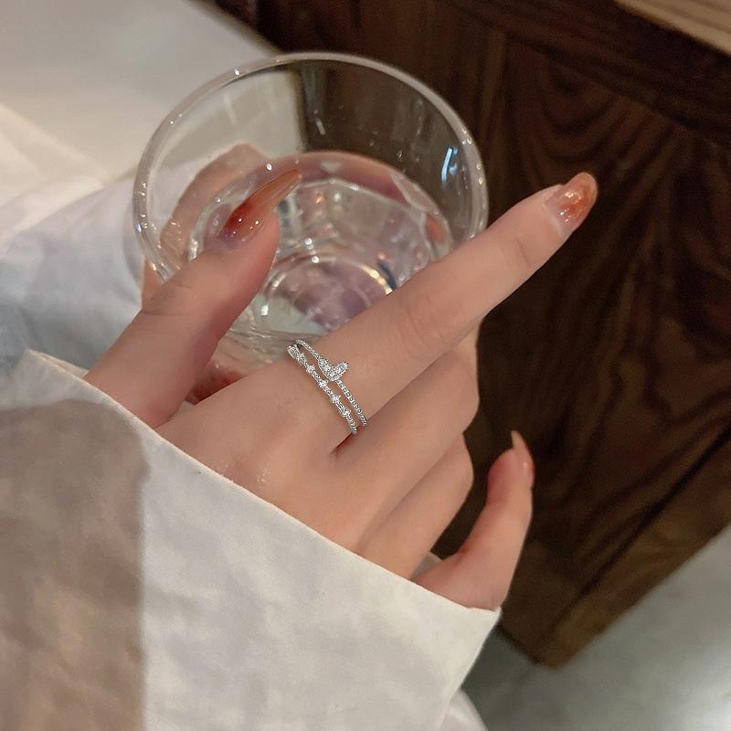 Double-Layer Diamond-Set Love Ring, Female Niche Design Personalized French Heart-Shaped Small Diamond Open Index Finger Ring 20