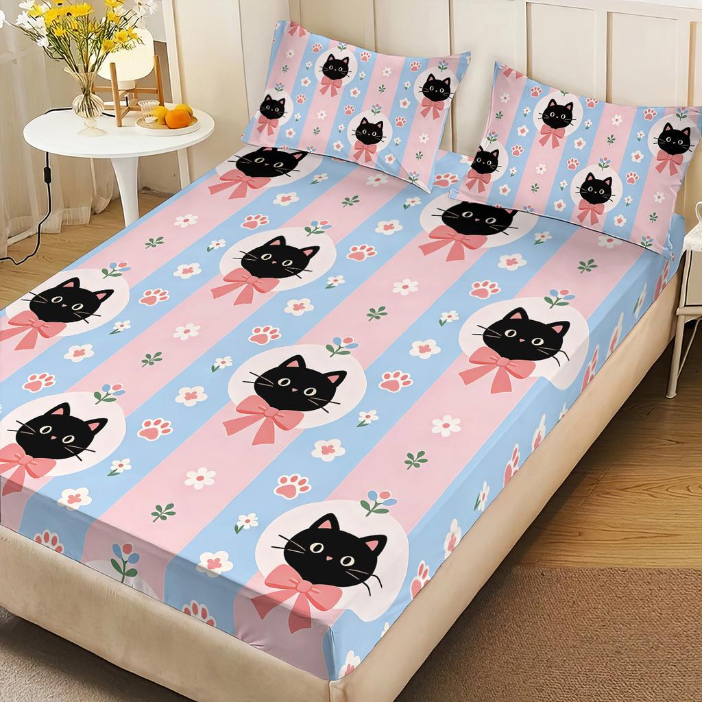 3pcs Cartoon Cute Cat Printed Chipless Bed Sheet Set Multi Size Soft Bed Cover Bedroom Bedding Decoration