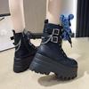Fashion New 9cm Platform Boots Goth for Women Lace Up Wedge Heel Buckle Ankle Booties Studded Short Motorcycle Boots with Zipper White