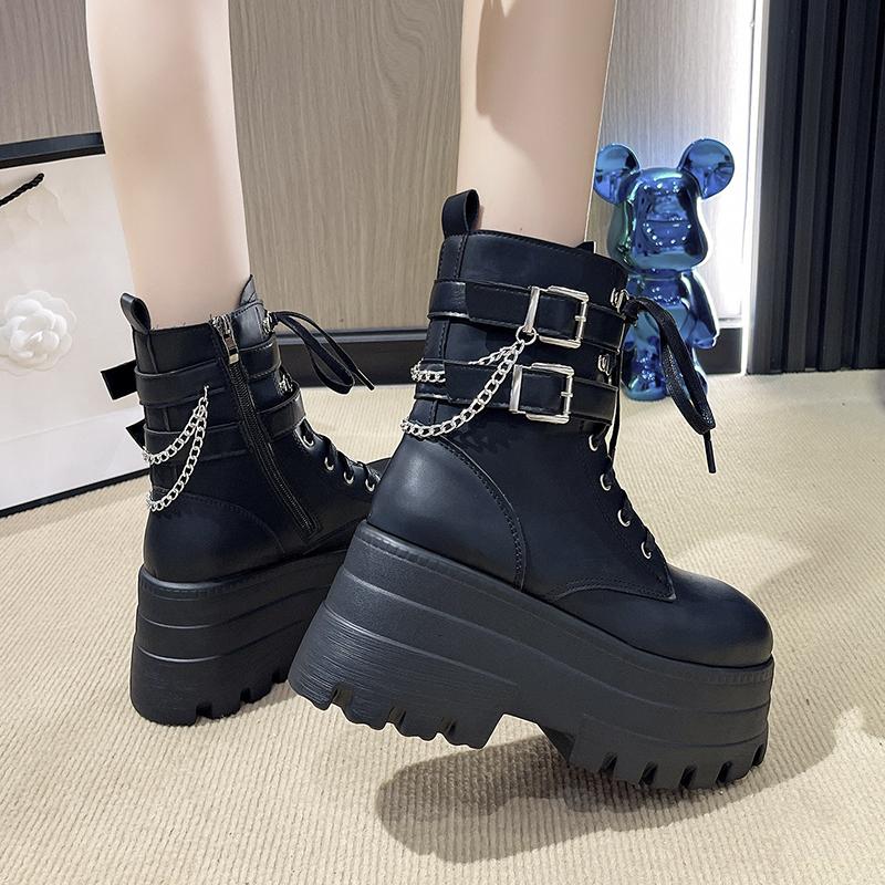 Fashion New 9cm Platform Boots Goth for Women Lace Up Wedge Heel Buckle Ankle Booties Studded Short Motorcycle Boots with Zipper White