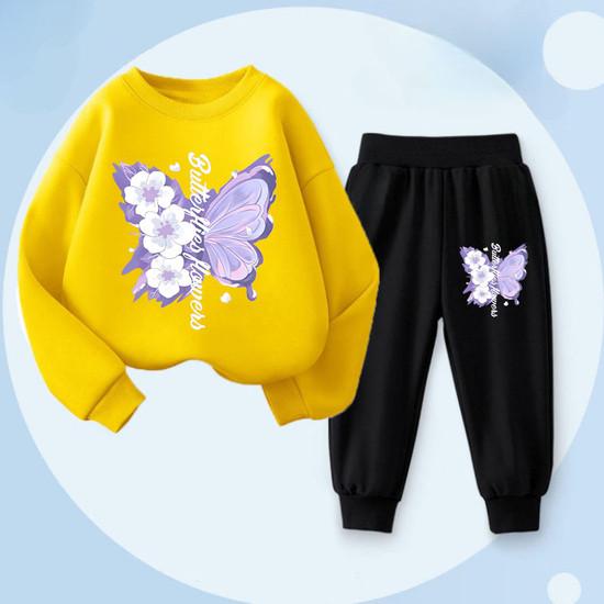 Spring Long Sleeved Top Long Pants Two Piece Sets for Girls Elegant Butterfly Printed Hoodies Suit Children's Outfits Tracksuit
