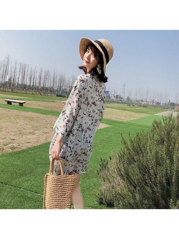 Women Mid-Length Chiffon Print Sun Protection Clothing Seven-Point Sleeve Cardigan