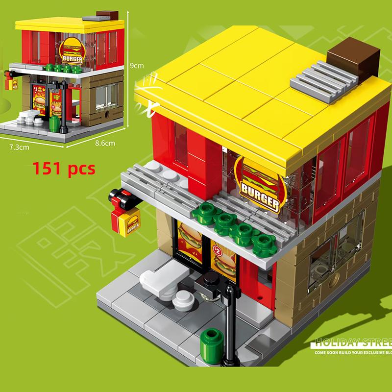 Para Mini City Street VieRetail Store Building Block Arquitetura Miniatura Comida Loja Café Restaurante Casa Moc Construção Brinquedos