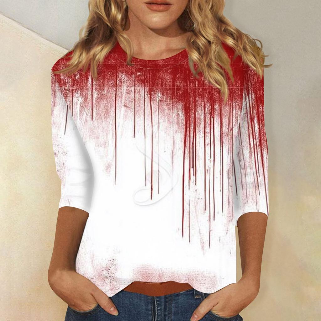 Women's Fashion Casual Round Neck 3/4 Sleeve Loose  Printed T-Shirt Ladies Top