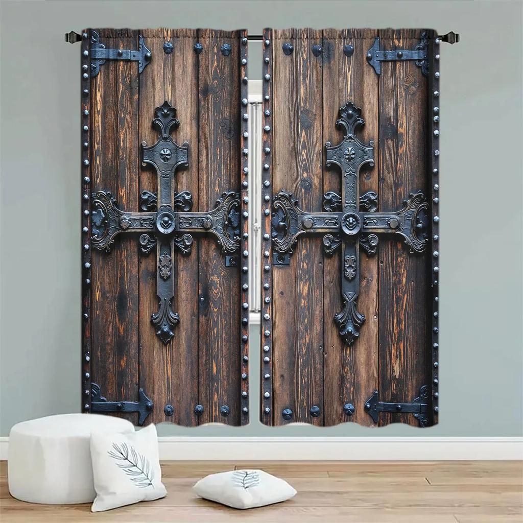 Set Of 2 Artistic Retro Cross Wooden Door Printed Curtains Home Decoration All Season Decorative Curtain Made Polyester