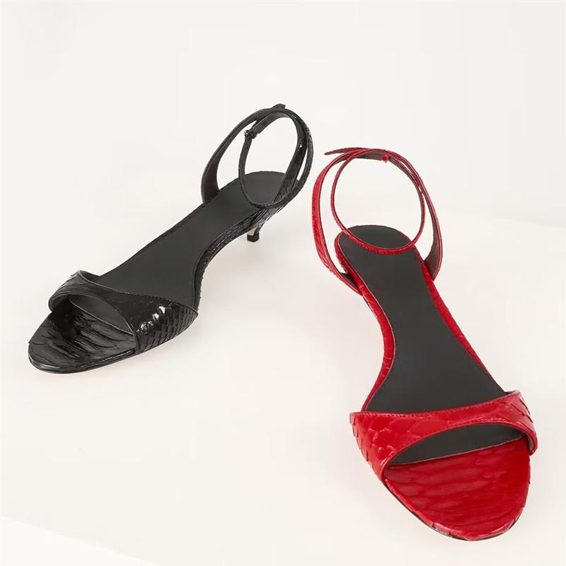 Fashion Concise Kitten Heel Ankle Strap Buckle Sandals Women Sexy Peep Toe Low Heel Elegant Leather Pattern Design Party Wedding Shoes