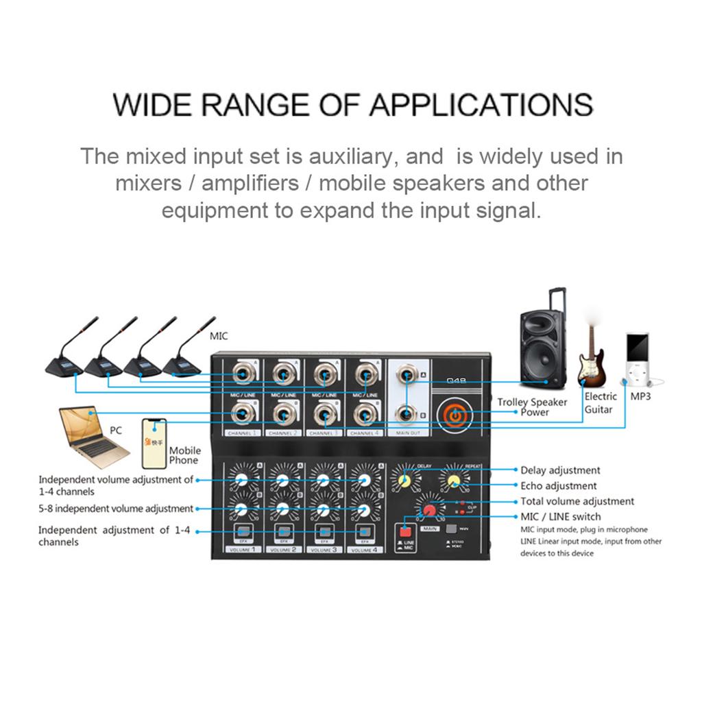 8 Channel Multifunctional USB Audio Mixer Portable Sound Mixer Professional Home Use Dual Microphone Inputs Sound Mixer