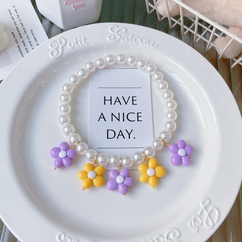 New Korean‑Style Handmade Pet Flower Pearl Necklace Summer Rainbow Color Neck Collar for Cats Dogs
