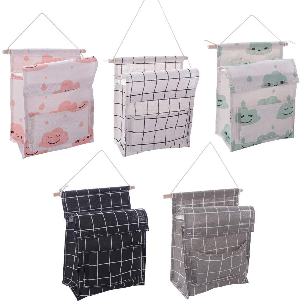 3 Pockets Wall Hanging Bag Plaid Bedside Organizer Sundries Storage Pouches  Behind the Door