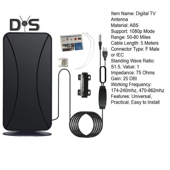 Indoor Digital TV Antenna Signal Booster 50-80 Mile Range 1080p Support Universal Easy Installation Fireproof Design TV Antenna