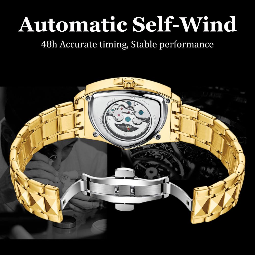 Steampunk Mens Watchs Double Side Skeleton Transparent Gold Watch Stainless Steel Mens Automatic Mechanical Wristwatch