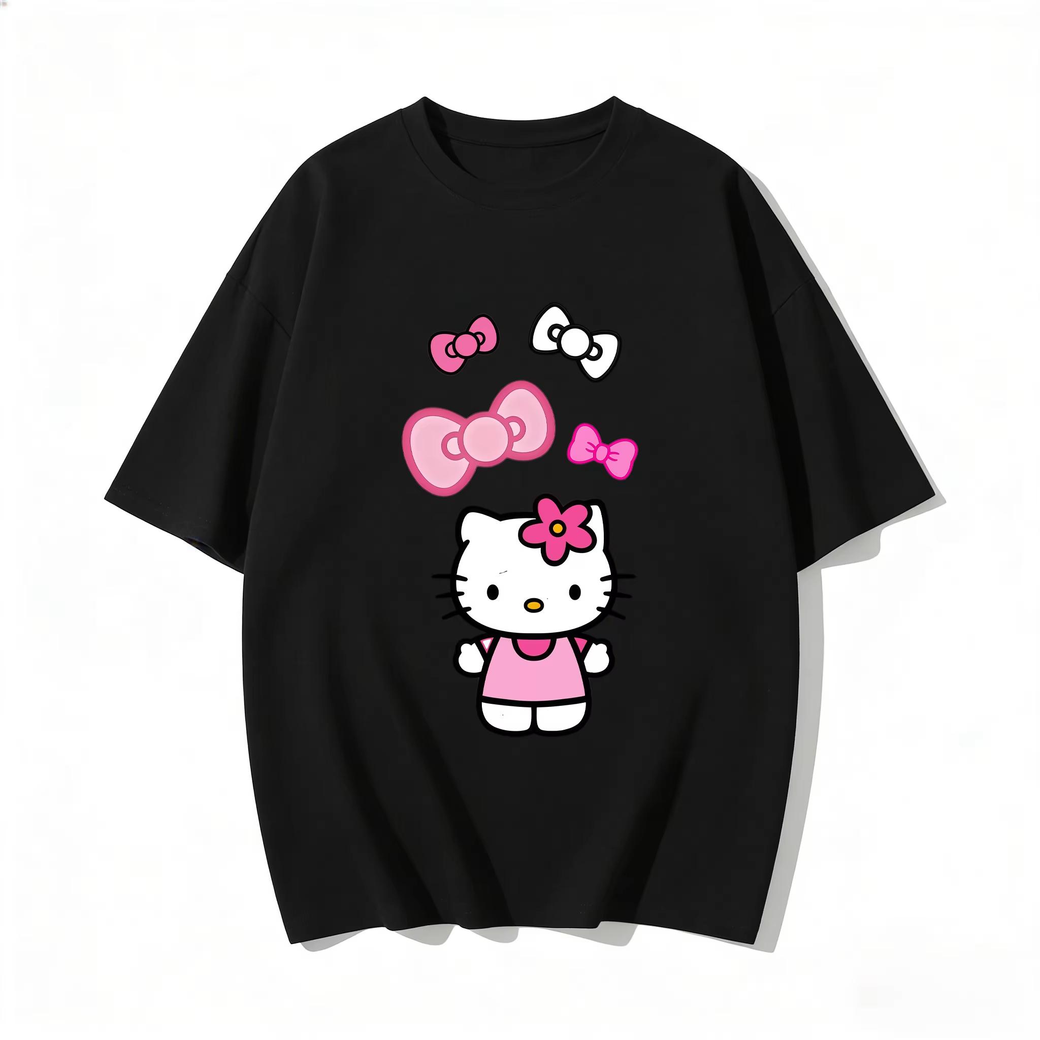 2026 Summer Fashion Trend Cute Kitty Cat Pink Ribbon Pattern Tshirt Streetwear Childrens Clothing S
