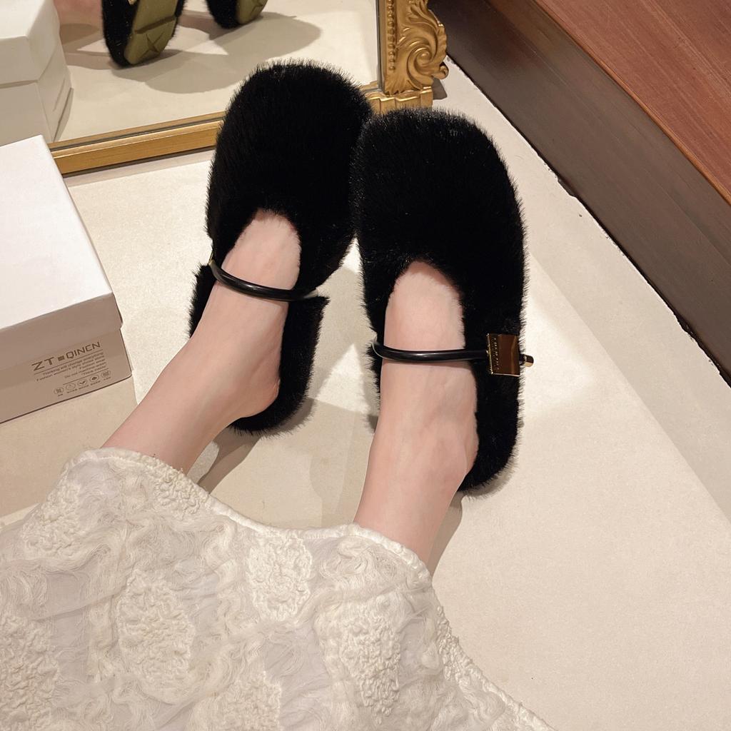 2025 autumn and winter new casual cotton slippers European and American one-word belt inner height increase women's shoes Mao Mao Mary Jane flat shoes