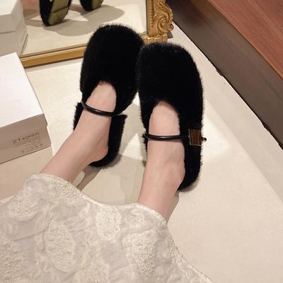 2025 Autumn and Winter New Casual Cotton Slippers European and American One-word Belt Inner Height Increase Women's Shoes Mao Mao Mary Jane Flat Shoes