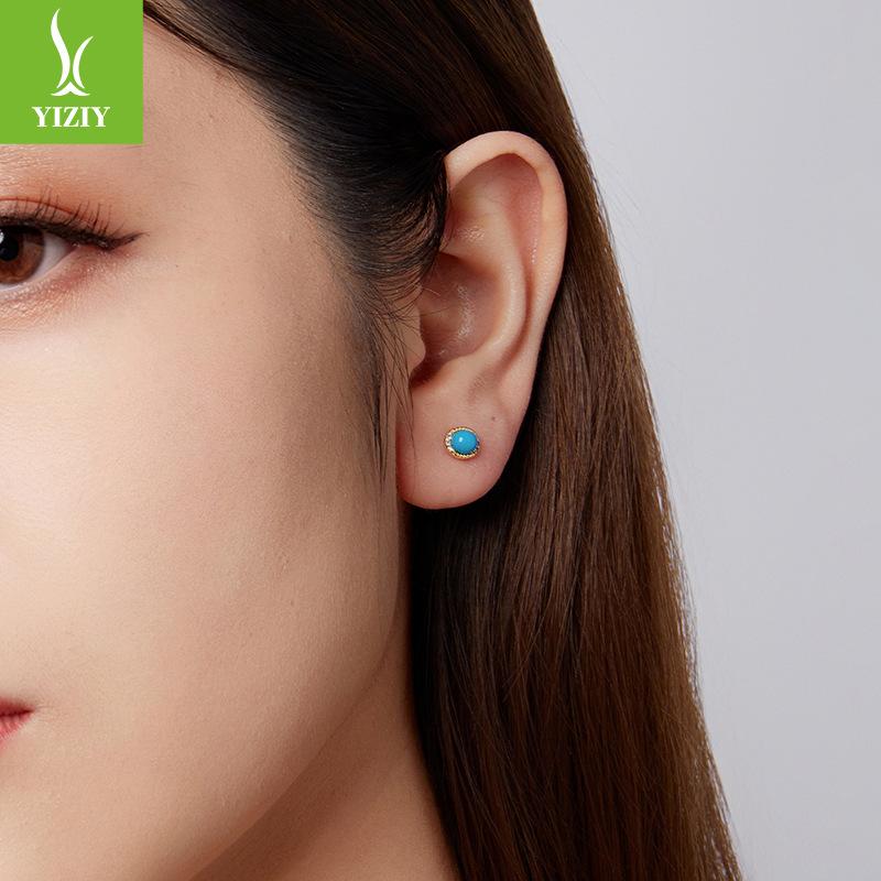 Turquoise S925 Sterling Silver Stud Earrings Elegant Court Temperament Plated 14K Gold Stud Earrings