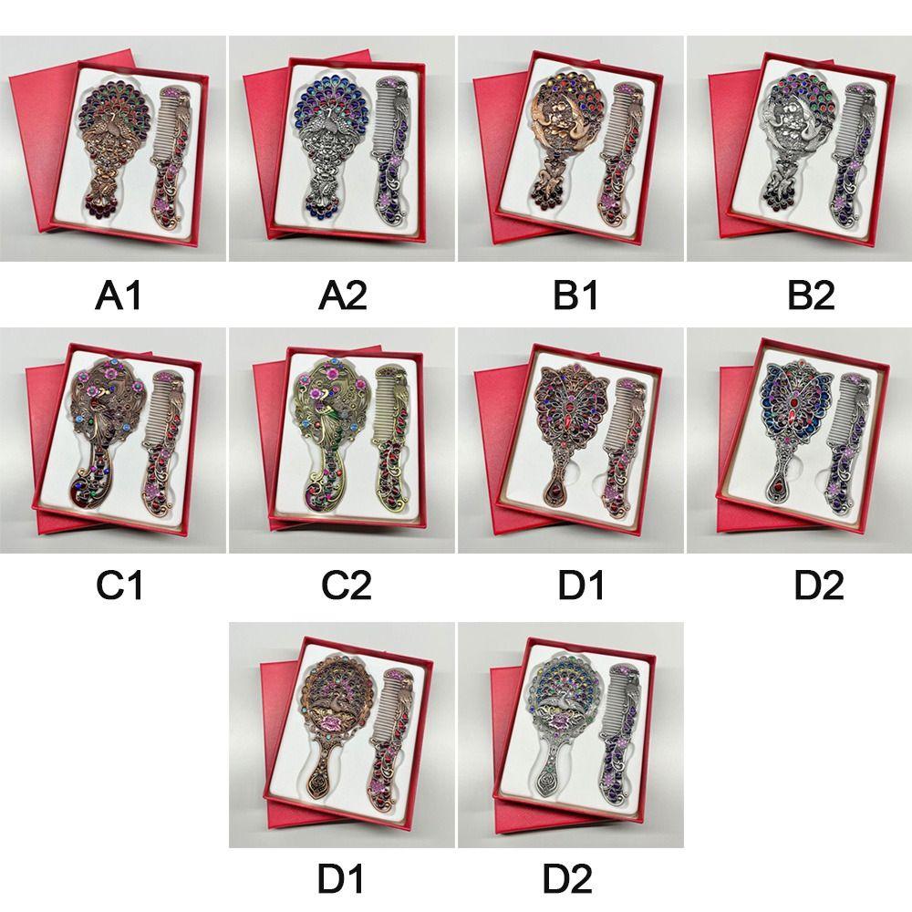 Peacock Open Screen Retro Small Mirror with Metal Handle Handheld Cosmetic Comb