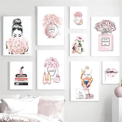 Elegant Parfymflaska Rosa Blommor Affisch Chic Skönhet Mode Canvas Konst för Modernt Hem Vardagsrum Väggdekor