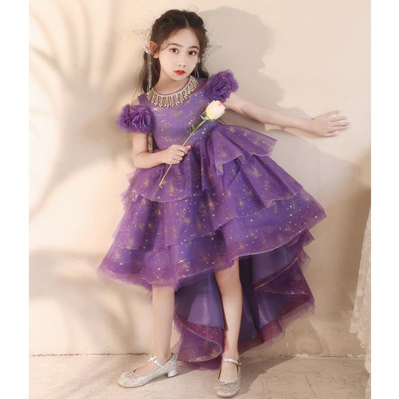 Girls Princess Dress Purple Formal Gown Wedding Birthday Party Piano Performance