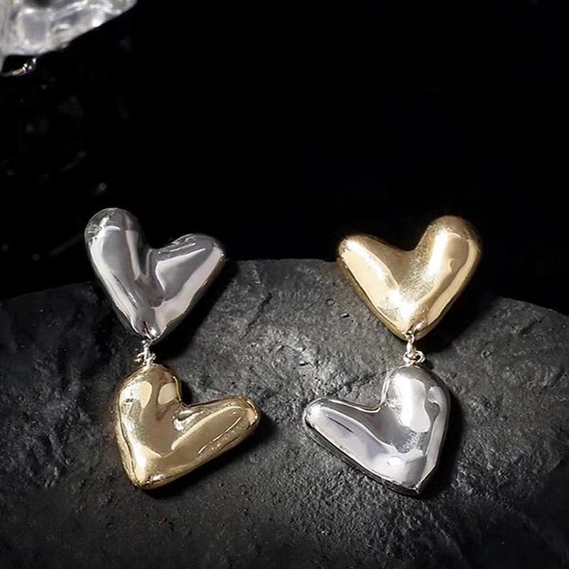 

New Personality Gold and Copper Color Splice Double Heart Earrings for Women Temperament Korea Fashion Dangle Zircon Accessory