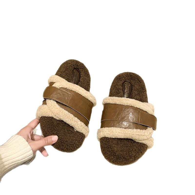 Retro design sense color matching Mao Mao one-word drag women 2025 autumn and winter new wear versatile thick-bottomed comfortable cotton slippers