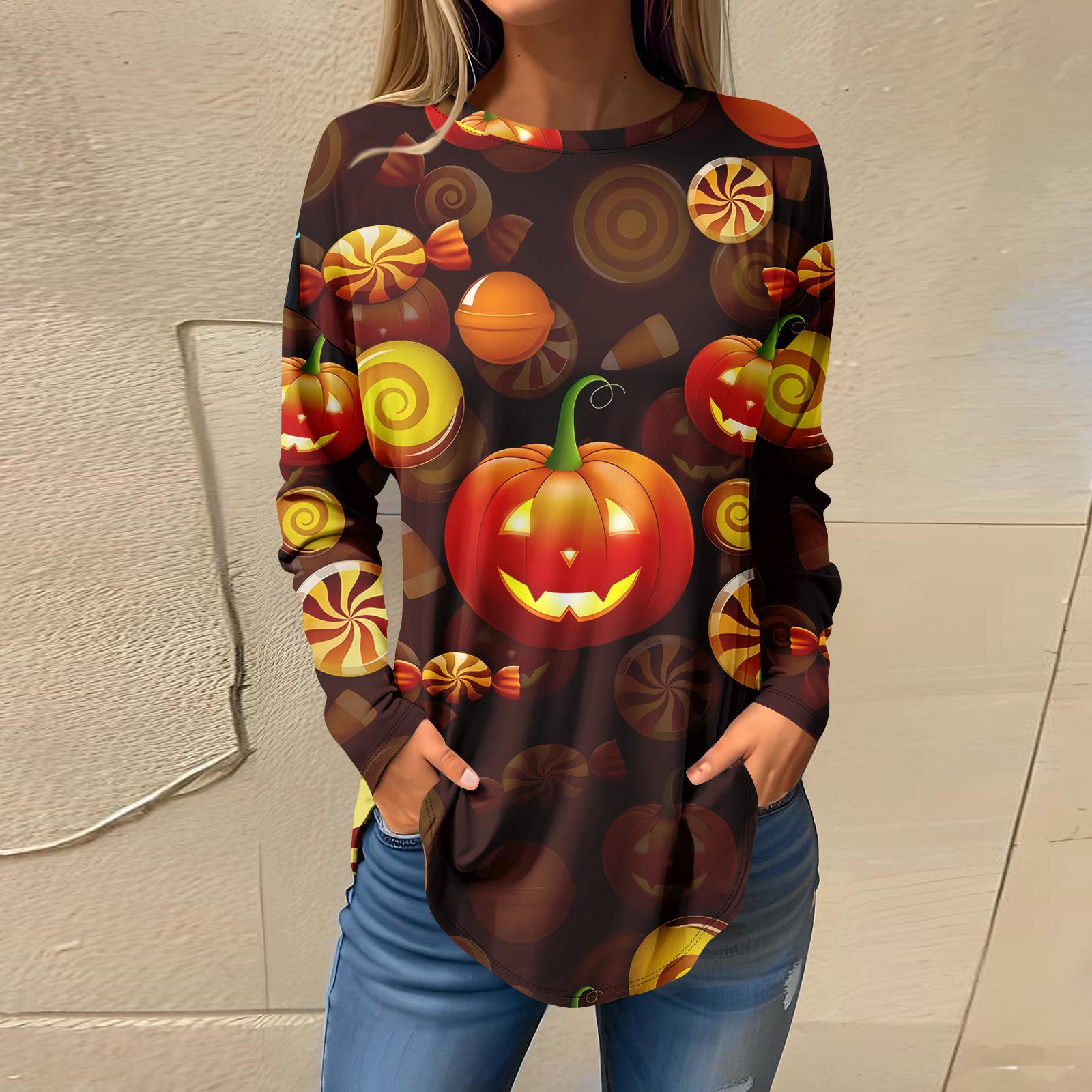 

Футболки для женщин, осенние повседневные рубашки с длинным рукавом, толстовка с принтом на Хэллоуин, топ, пуловер XXXL оранжевый