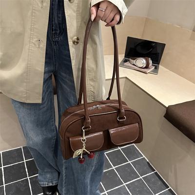 Korean Version Popular Retro Double Pocket New Simple Large Capacity Casual Bowling Single Shoulder Underarm Bag Women