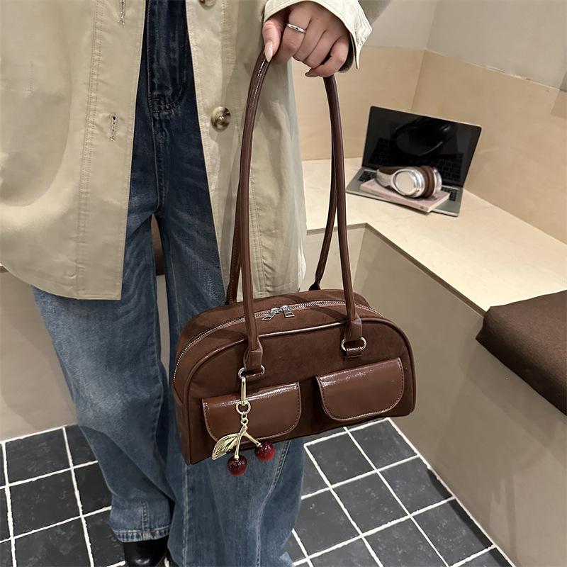 Korean version popular retro double pocket new simple large capacity casual bowling single shoulder underarm bag women