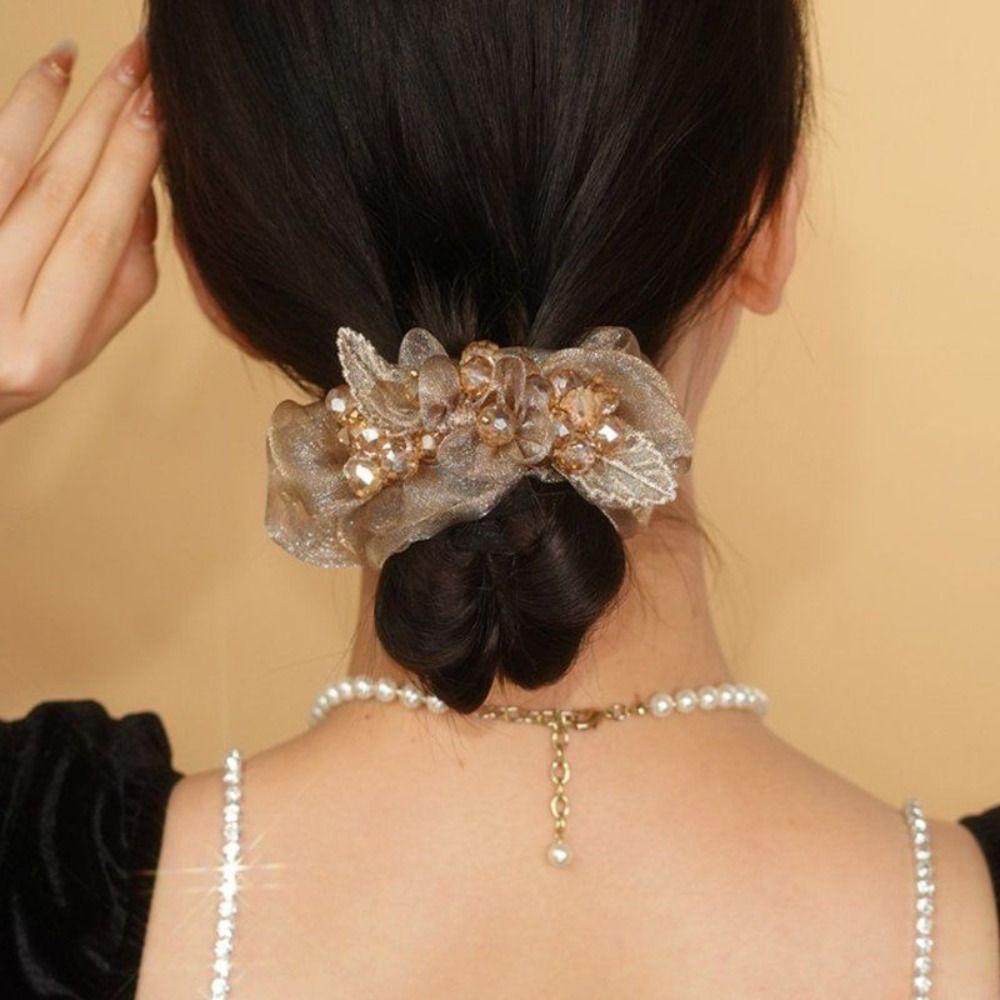 Non-slip Hair Bun Maker Elastic Twist Hairstyle Bun Flower Rhinestone Hair Bands  Women Girls
