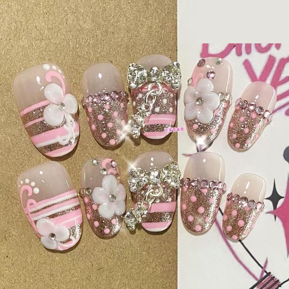 Kawaii Handmade Square Press On Nails Art Party Stickers Cute Flower Panda Bear Animal Custom Acrylic Fake Nails